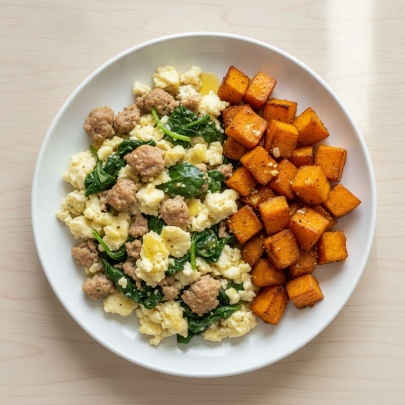 Egg White and Turkey Sausage Scramble with Spinach and Roasted Sweet Potatoes