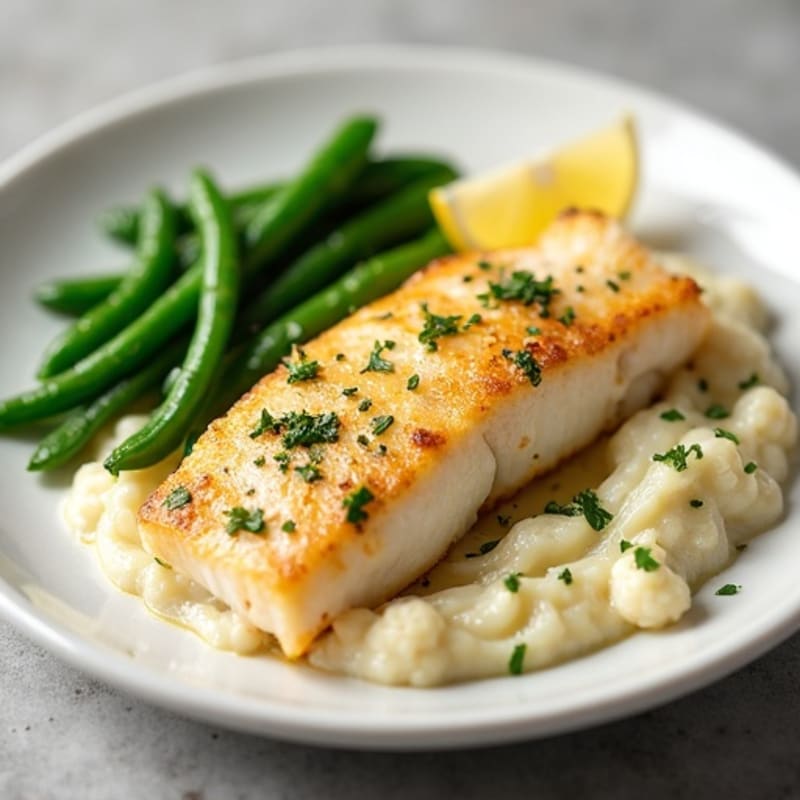 Baked Cod with Lemon Garlic Green Beans and Cauliflower Mash
