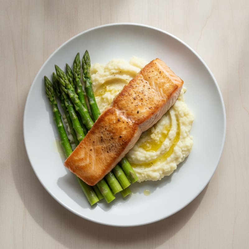 Seared Salmon with Steamed Asparagus and Garlic Mashed Cauliflower