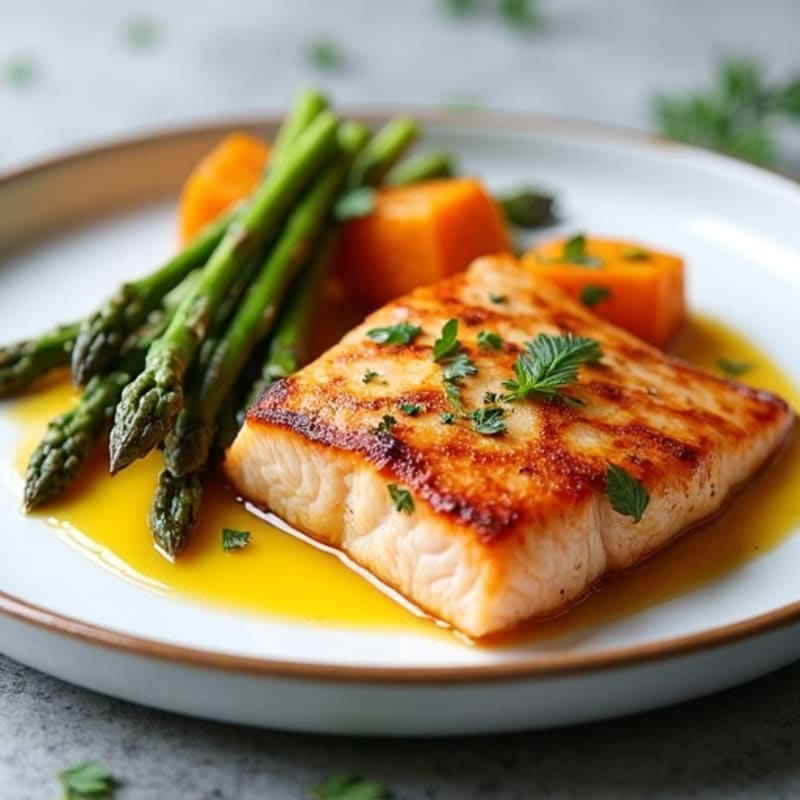 Seared Salmon with Roasted Sweet Potatoes and Asparagus