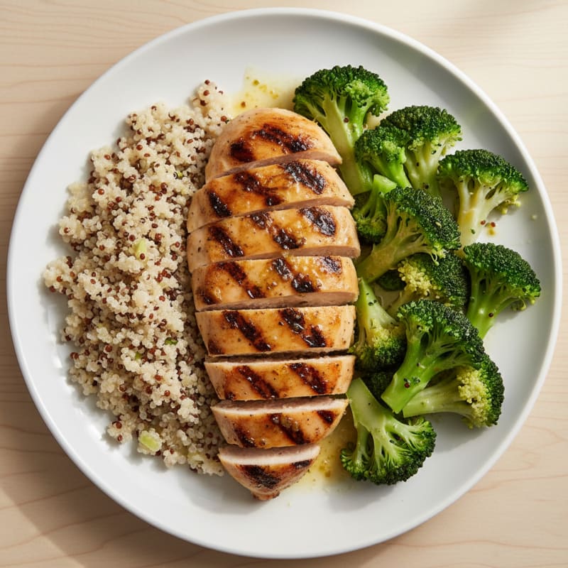 Grilled Chicken Breast with Steamed Broccoli and Quinoa