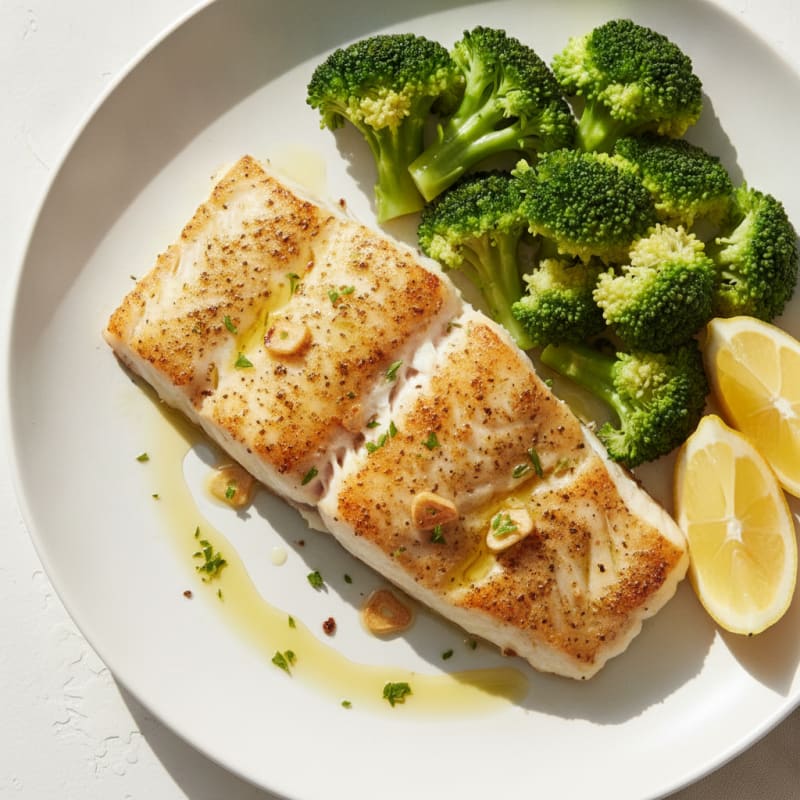 Seared Cod Fillet with Steamed Broccoli and Lemon
