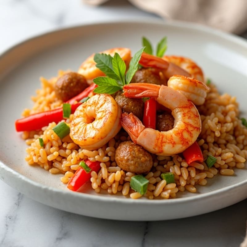 One-Pan Spicy Chicken, Shrimp, and Sausage Brown Rice