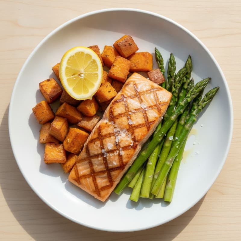 Seared Salmon Fillet with Roasted Sweet Potato and Asparagus