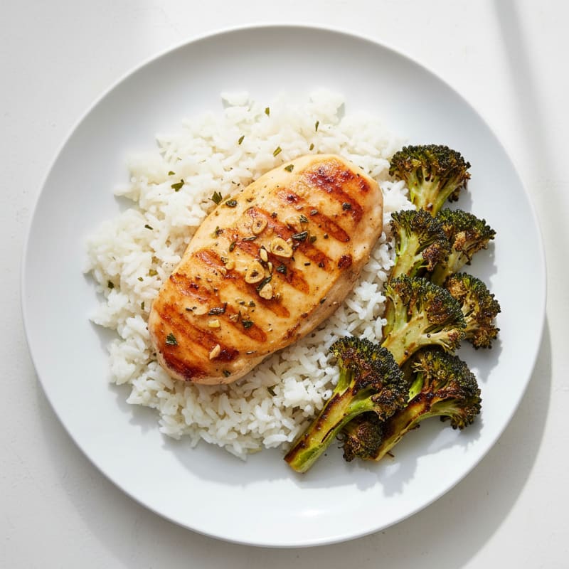 Grilled Chicken Breast with Steamed Rice and Roasted Broccoli