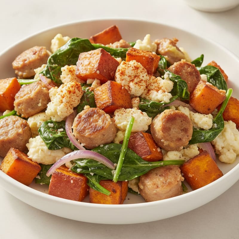 Egg White and Turkey Sausage Scramble with Spinach and Sweet Potato