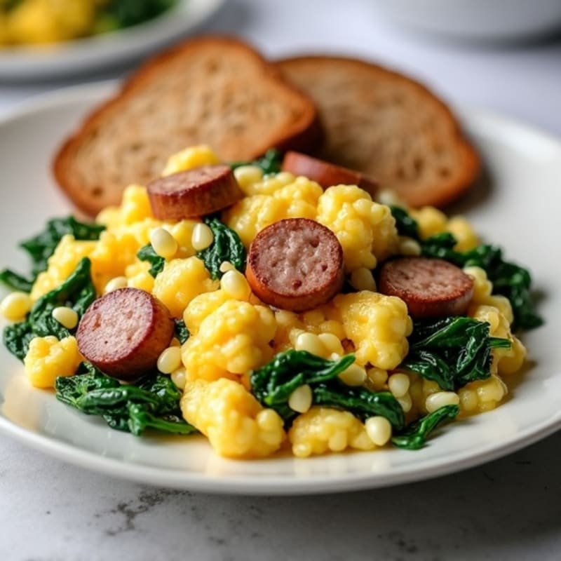 Egg White and Chicken Sausage Scramble with Spinach