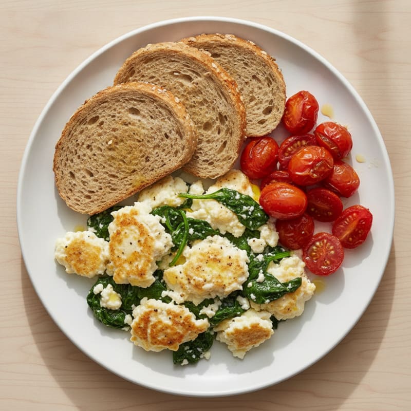 Cottage Cheese Scramble with Sautéed Spinach and Tomatoes