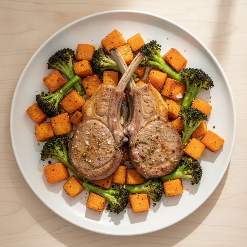 Roasted Lamb with Sweet Potatoes and Broccoli