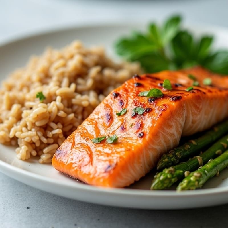 Seared Salmon with Steamed Asparagus and Brown Rice