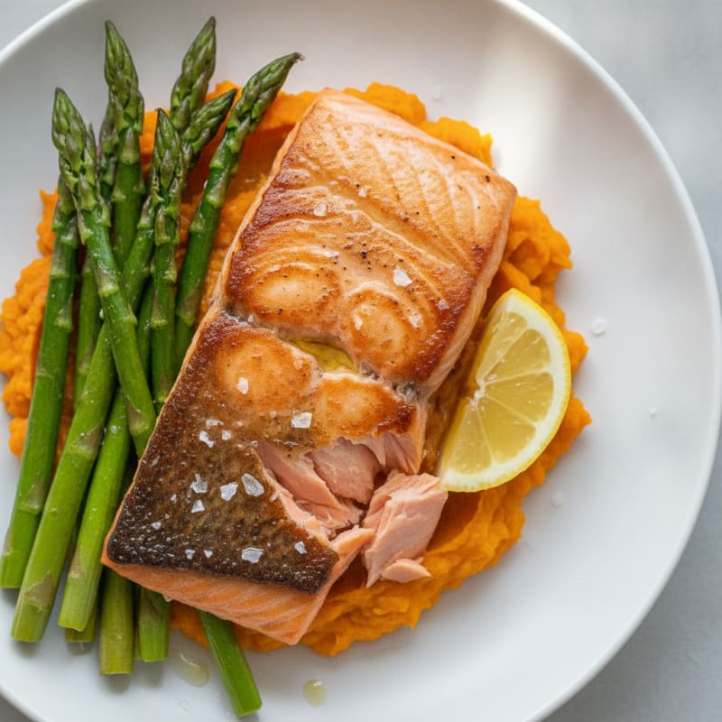 Seared Salmon Fillet with Roasted Asparagus and Sweet Potato Mash