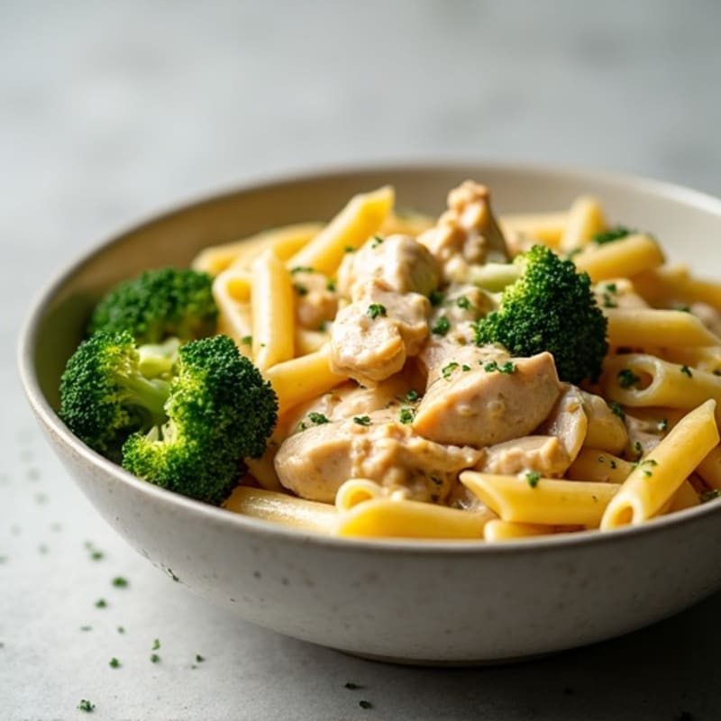 Creamy Garlic Chicken Pasta with Roasted Broccoli