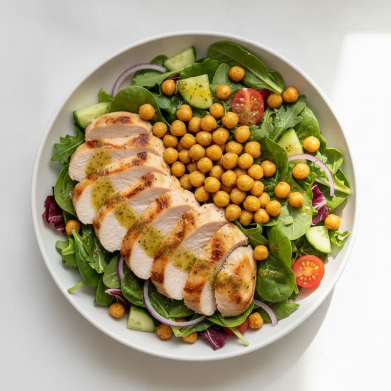 Grilled Turkey Breast Salad with Crunchy Chickpeas and Mixed Greens