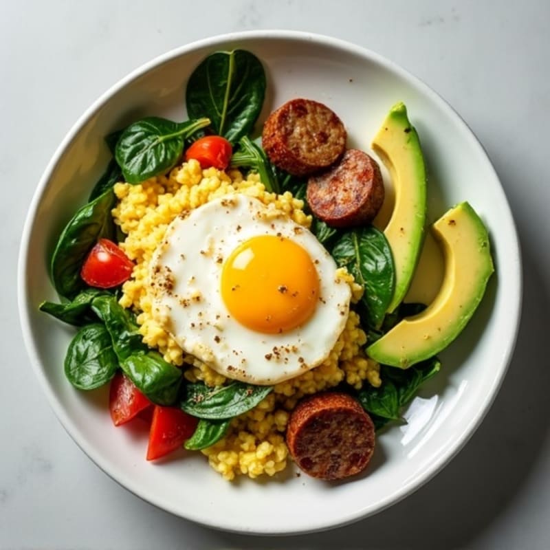 Egg White and Spinach Scramble with Seared Turkey Sausage and Avocado