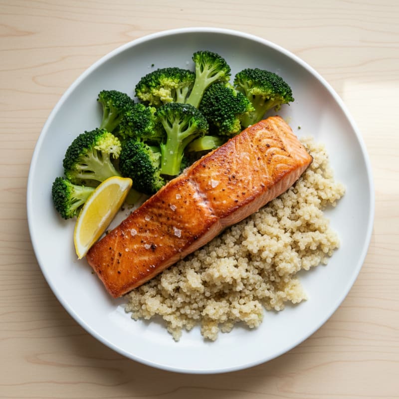 Seared Salmon with Steamed Broccoli and Quinoa