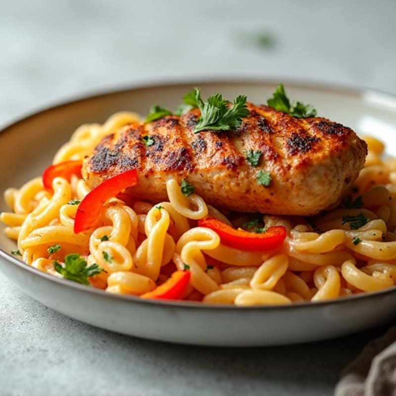 Spicy Cajun Chicken with Creamy Whole Wheat Pasta and Roasted Bell Peppers