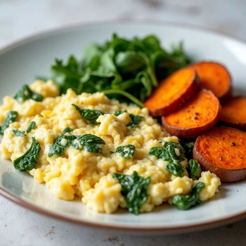 Egg White and Turkey Spinach Scramble with Roasted Sweet Potato