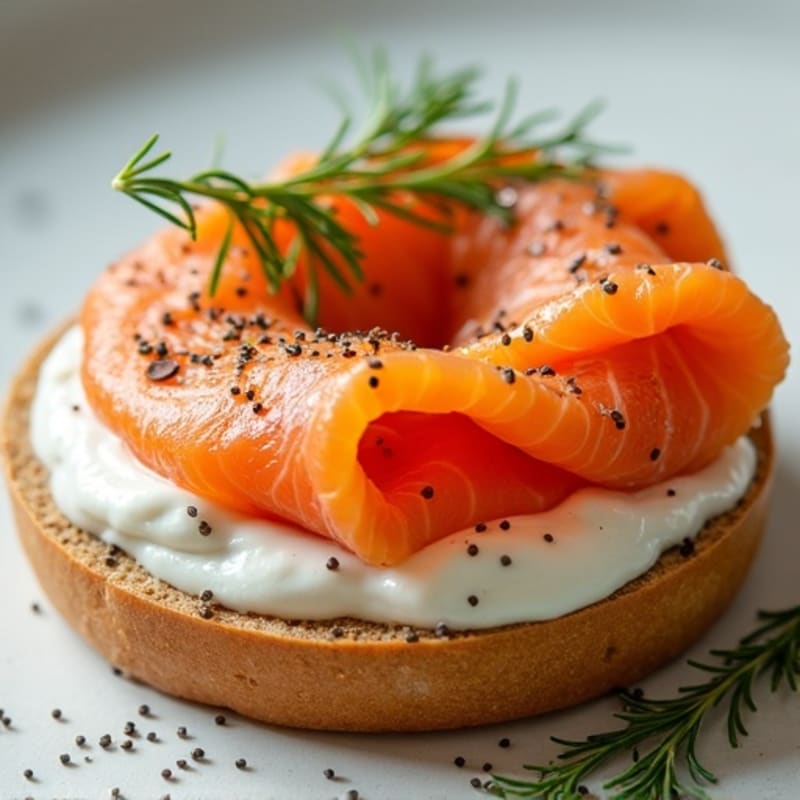 Smoked Salmon with Creamy Dill Spread on Toasted Whole Grain Bagel