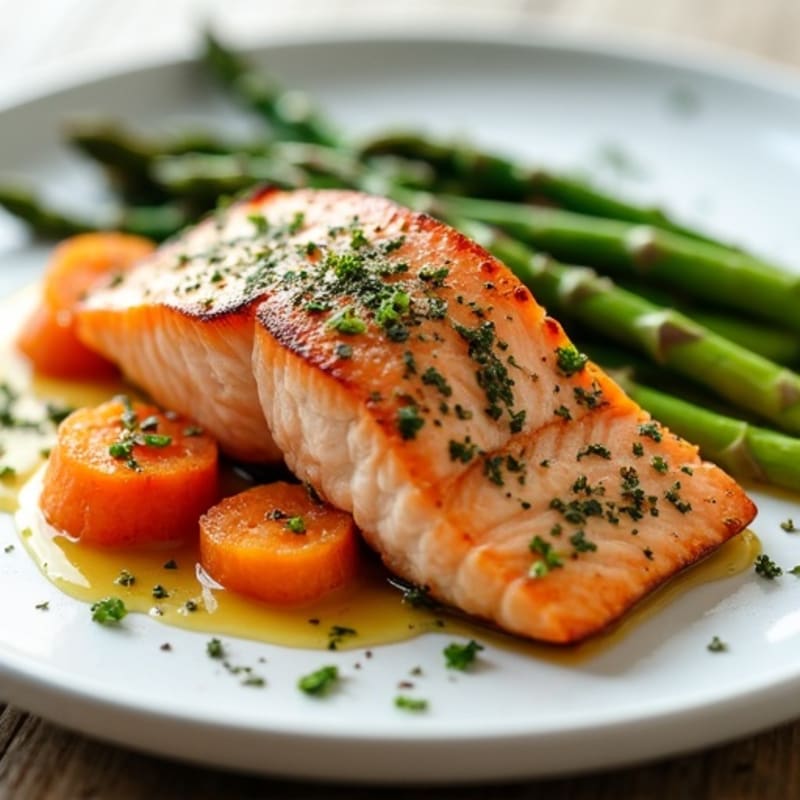 Herb-Crusted Salmon with Roasted Sweet Potato and Garlic Asparagus