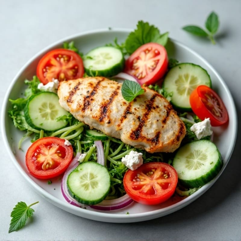 Fresh Cucumber Tomato Salad with Herbs and Feta and Grilled Chicken