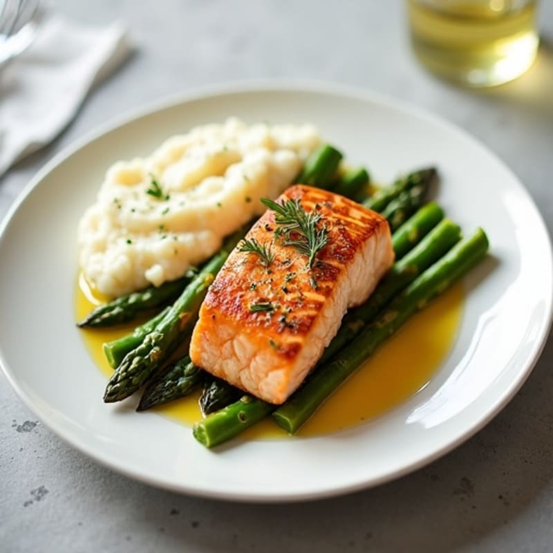Seared Salmon with Steamed Asparagus and Cauliflower Mash