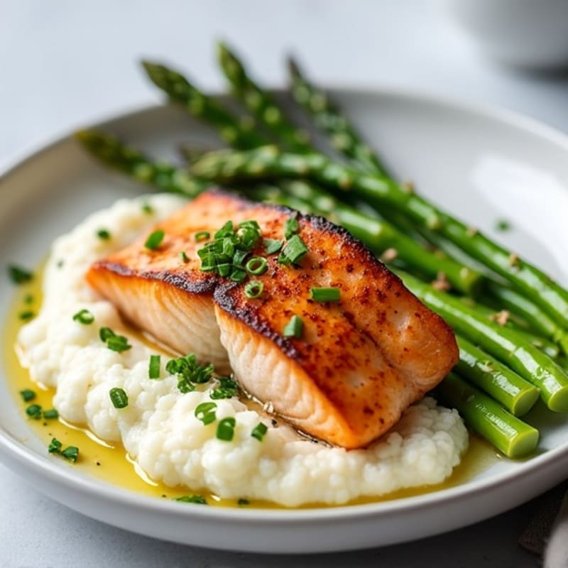 Seared Salmon with Steamed Asparagus and Cauliflower Mash