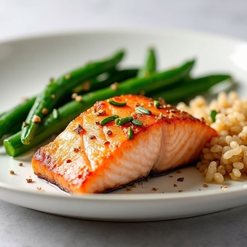 Seared Salmon with Garlic Green Beans and Brown Rice