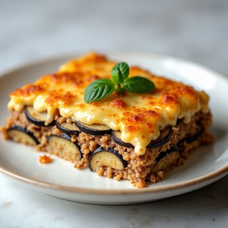 Layered Eggplant and Beef Casserole with Creamy Cashew Bechamel