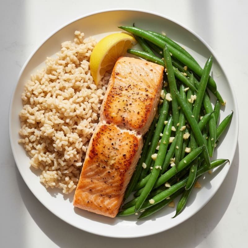 Seared Salmon with Garlic Green Beans and Brown Rice