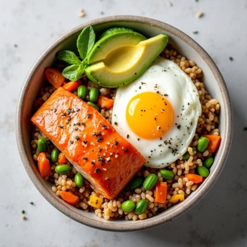 Fresh Salmon and Avocado Rice Bowl with Crispy Vegetables