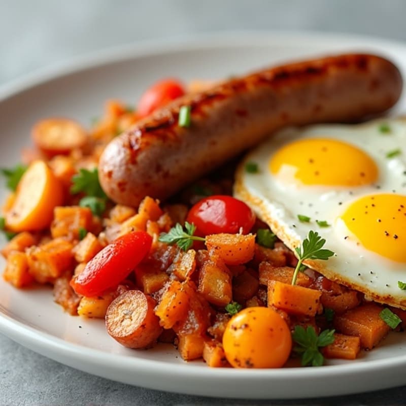 Crispy Sweet Potato Hash with Scrambled Eggs and Turkey Sausage