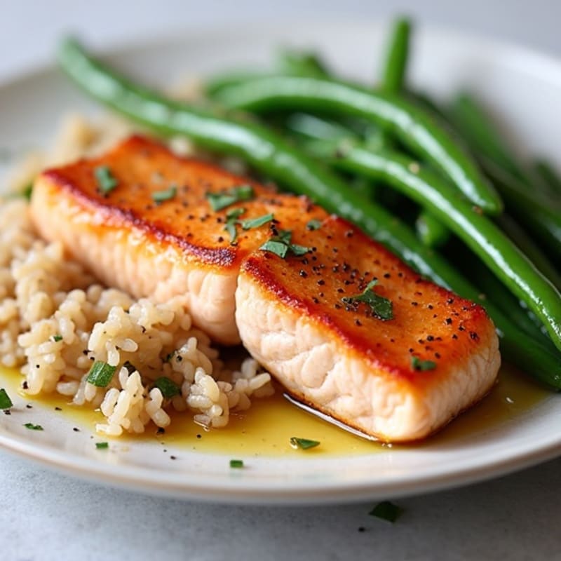 Seared Salmon Fillet with Garlic Green Beans and Brown Rice