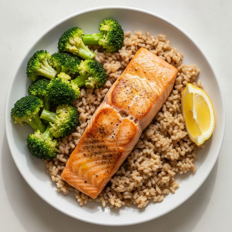 Seared Salmon with Steamed Broccoli and Brown Rice
