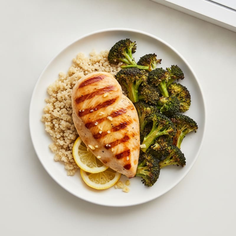 Lemon Garlic Grilled Chicken Breast with Quinoa and Roasted Broccoli