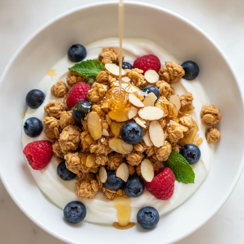Greek Yogurt Parfait with Crunchy Almond Granola and Fresh Berries