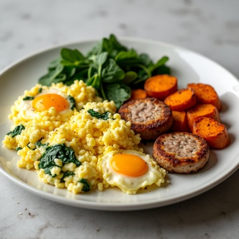 Egg White and Turkey Sausage Scramble with Spinach and Sweet Potato