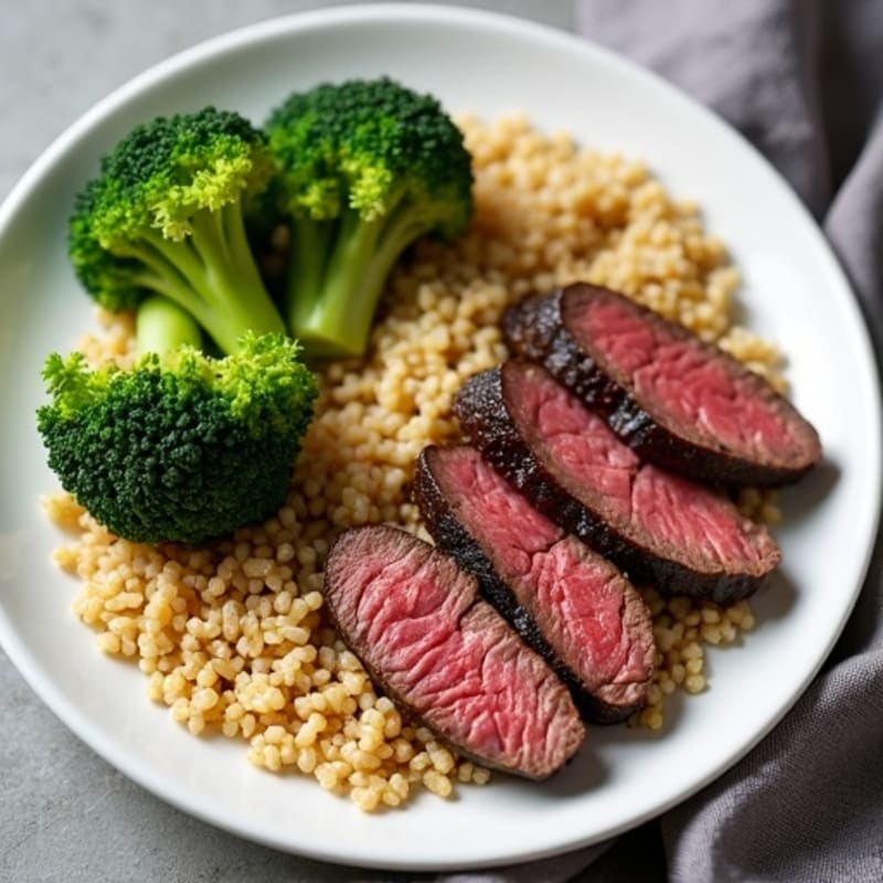 Seared Beef Strips with Roasted Broccoli and Quinoa