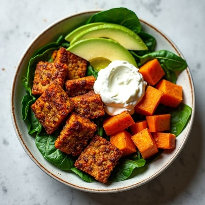 Crispy Tempeh and Roasted Sweet Potato Bowl with Fresh Spinach and Creamy Avocado Cottage Cheese