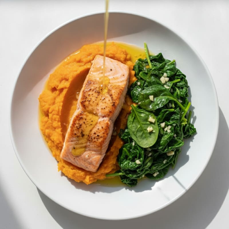 Seared Salmon with Garlic Sautéed Spinach and Sweet Potato Mash
