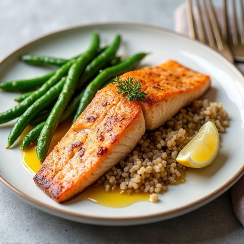 Seared Salmon with Garlic Green Beans and Brown Rice