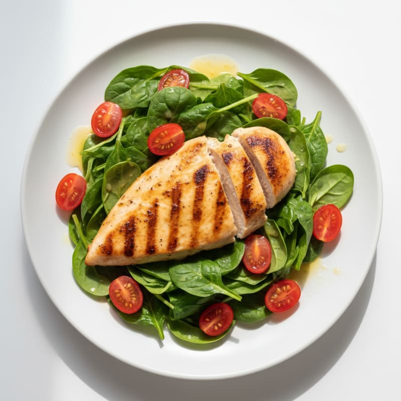 Grilled Chicken Breast with Baby Spinach and Cherry Tomatoes