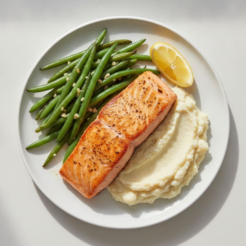 Seared Salmon with Garlic Green Beans and Cauliflower Mash