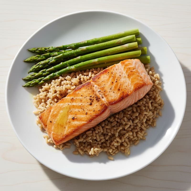 Seared Salmon Fillet with Steamed Asparagus and Brown Rice