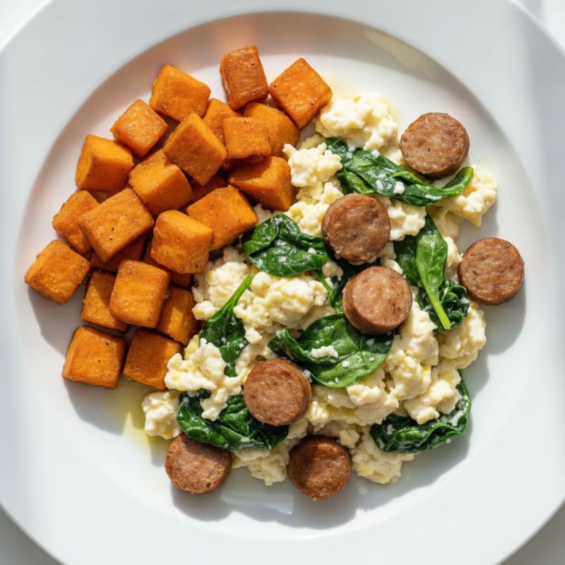 Egg White and Turkey Sausage Scramble with Spinach and Roasted Sweet Potato
