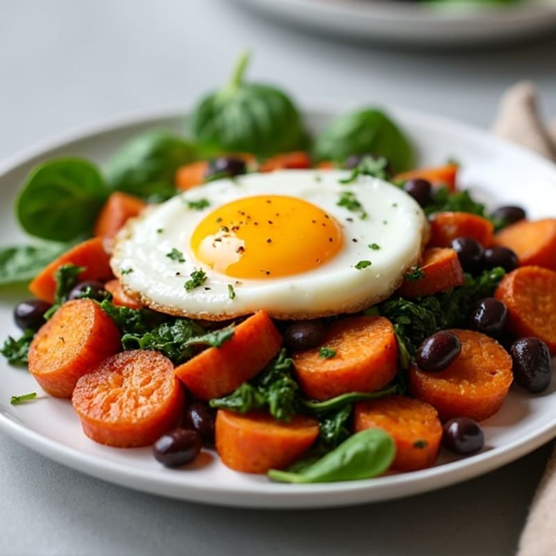 Crispy Sweet Potato Hash with Eggs and Spinach