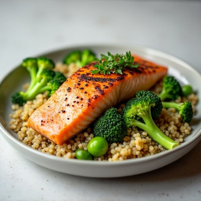 Seared Salmon with Steamed Broccoli, Quinoa & Edamame