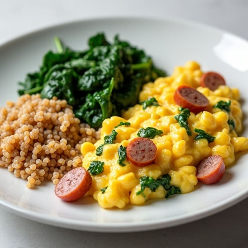 Egg White and Turkey Sausage Scramble with Sautéed Spinach and Quinoa