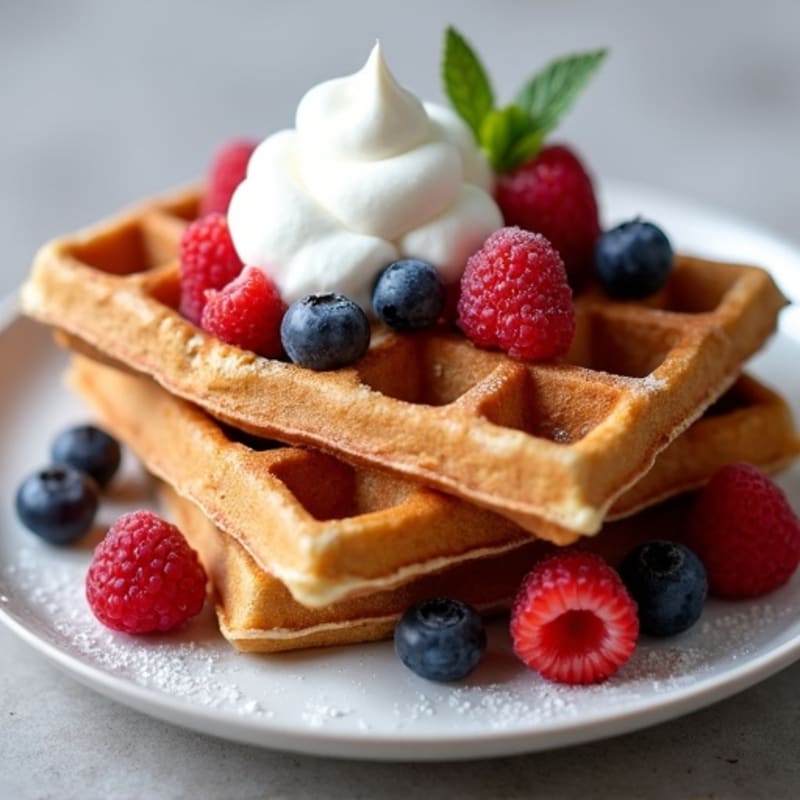 Crispy Protein Waffles with Fresh Berries and Creamy Greek Yogurt