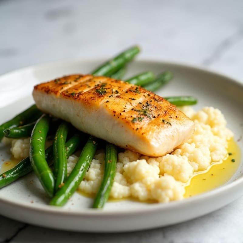 Seared Cod with Lemon-Garlic Green Beans and Cauliflower Mash