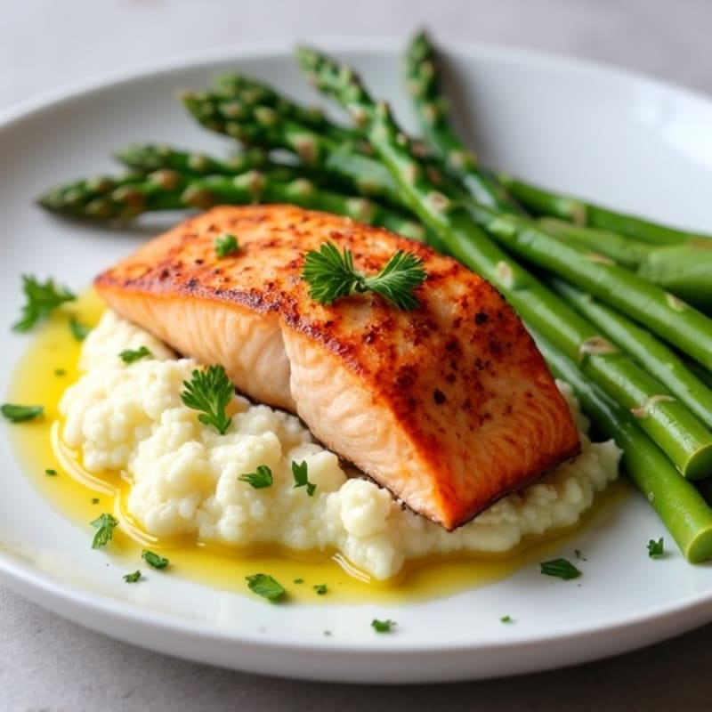 Seared Salmon with Steamed Asparagus and Garlic Mashed Cauliflower